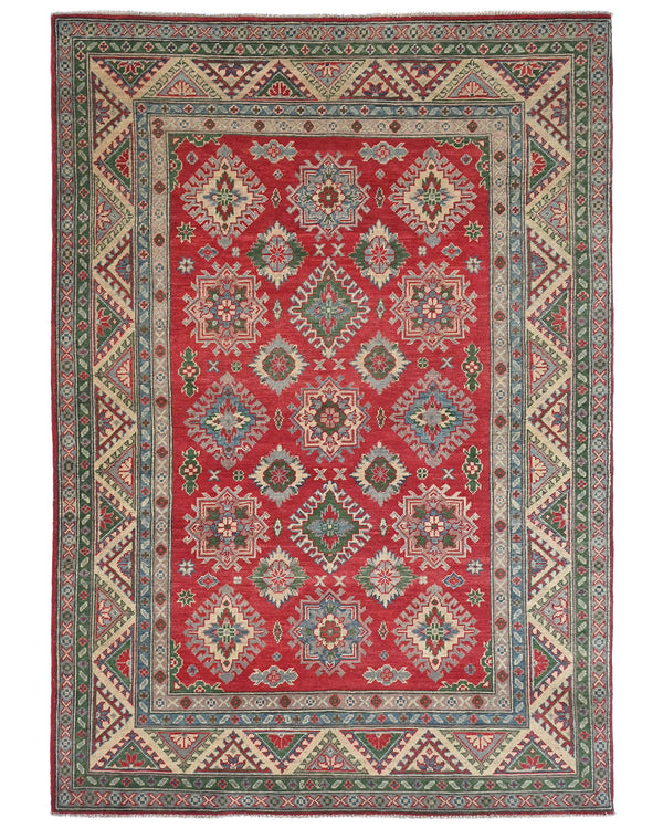 5x7 Red Kuba Afghan Hand Knotted Wool Area Rug